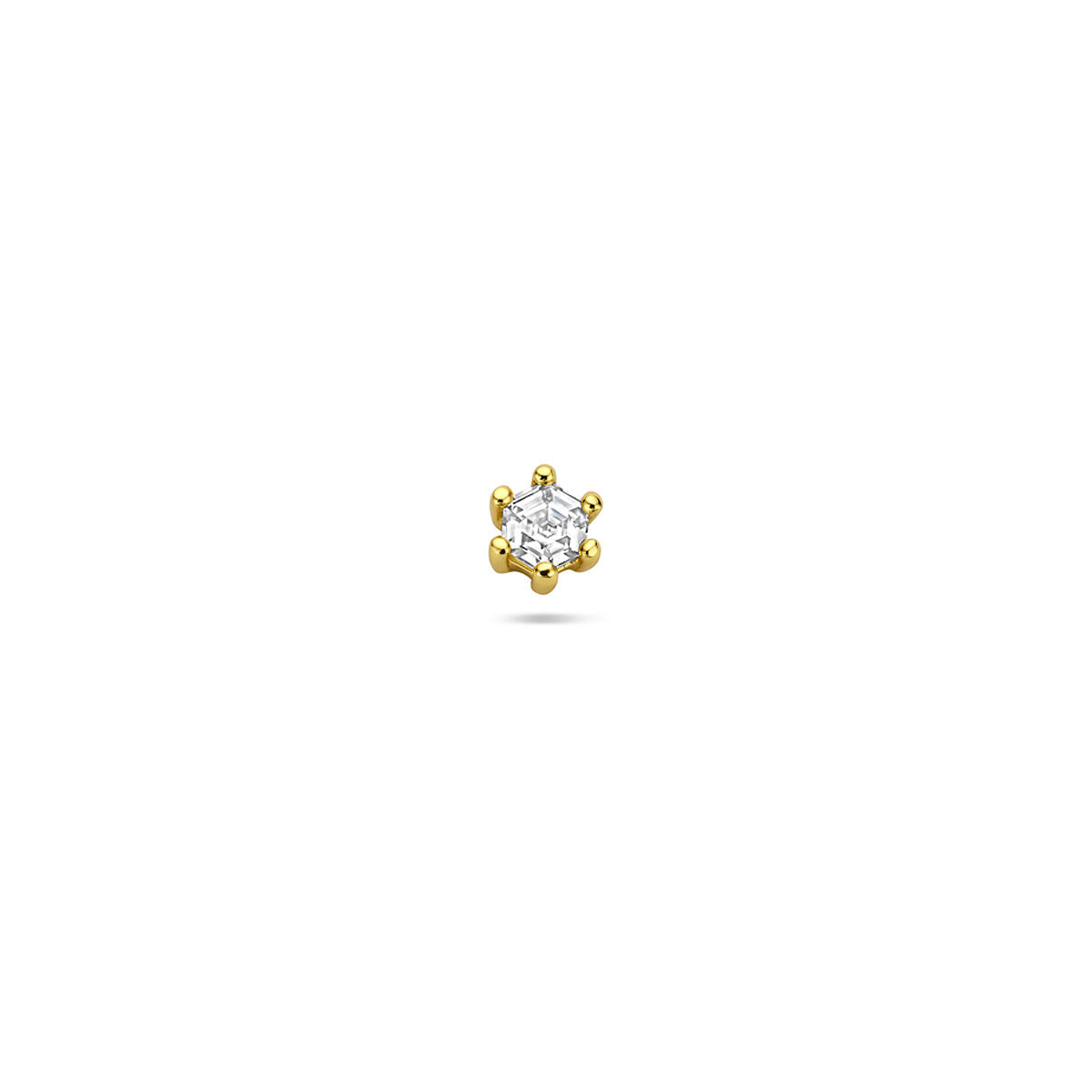 Złoty piercing z płaskim tyłem z cyrkonią o średnicy 4 mm.