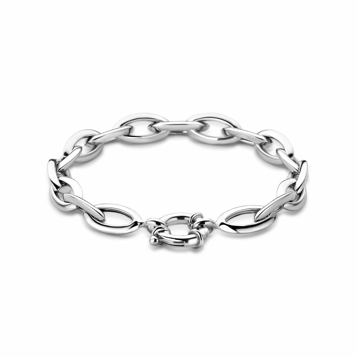 srebrna bransoletka z ogniwami w kształcie anker, długość 20 cm, z dużym zapięciem typu sprężynowego.