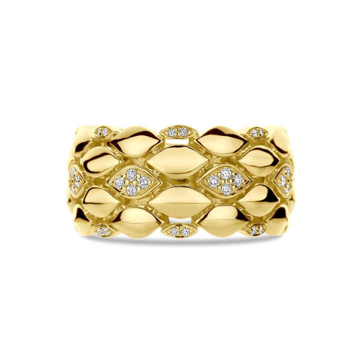 Deze Van der Kooij Collectie ring in 14K geelgoud heeft een breed rasterontwerp versierd met markiesvormige diamanten accenten (0,17ct H SI) voor een kenmerkende, elegante look.
