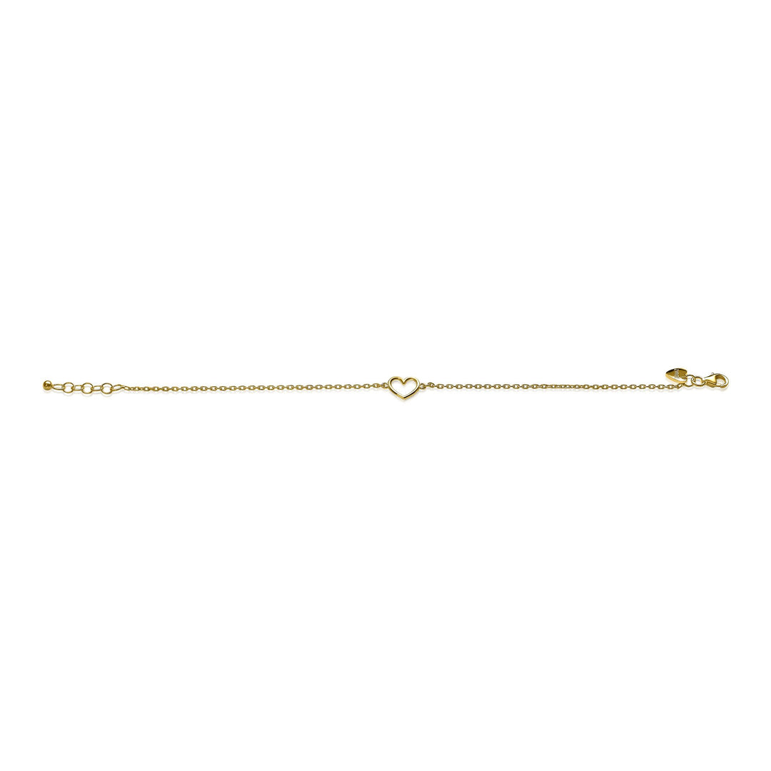 De Zinzi Armband Gold Plated Zia1420 G heeft een delicaat hartvormig bedeltje met geel vergulde accenten, rustend op een effen witte achtergrond.