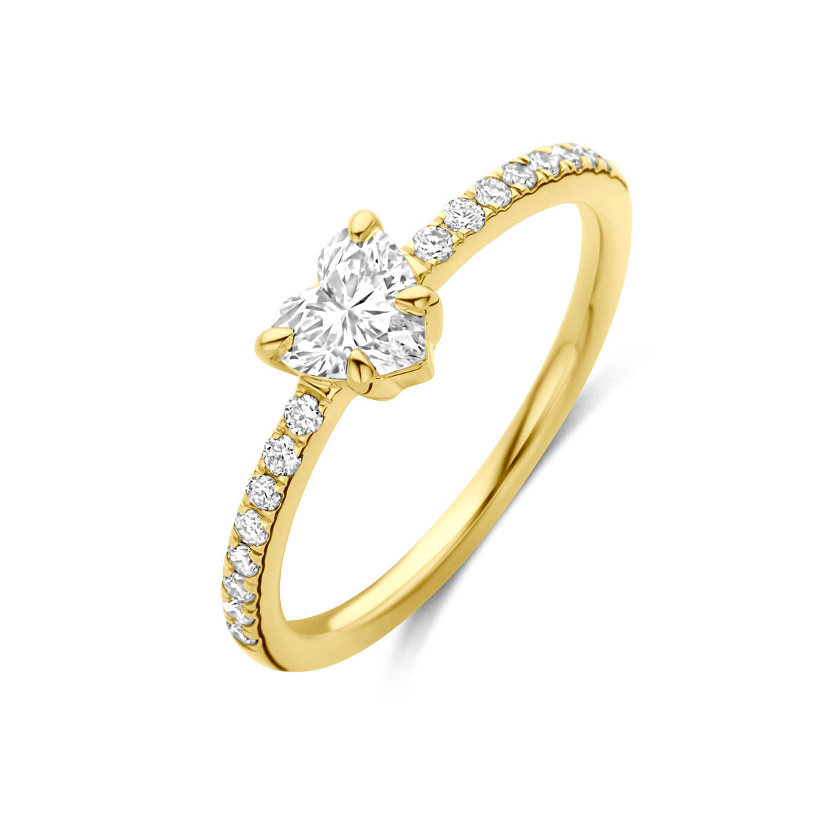 Pierścionek z lab-grown diamentem 0,665 ct w kształcie serca, złota obrączka 14K z drobnymi diamentami.