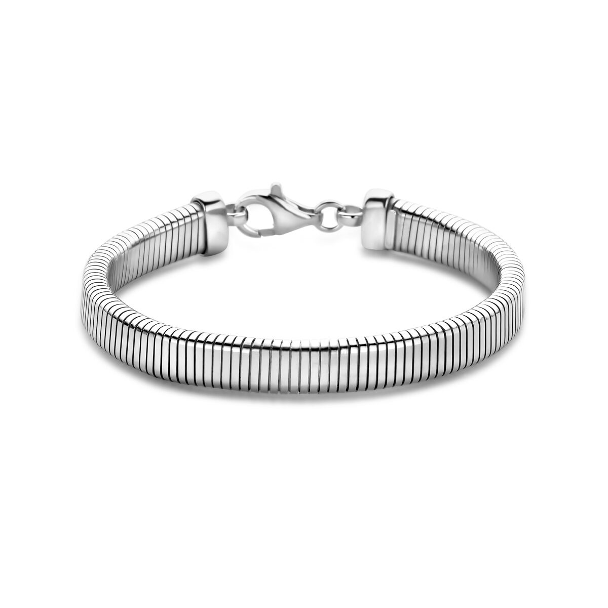 srebrna bransoletka tubogas o szerokości 7,6 mm i długości 18 cm, z rodowaniem.