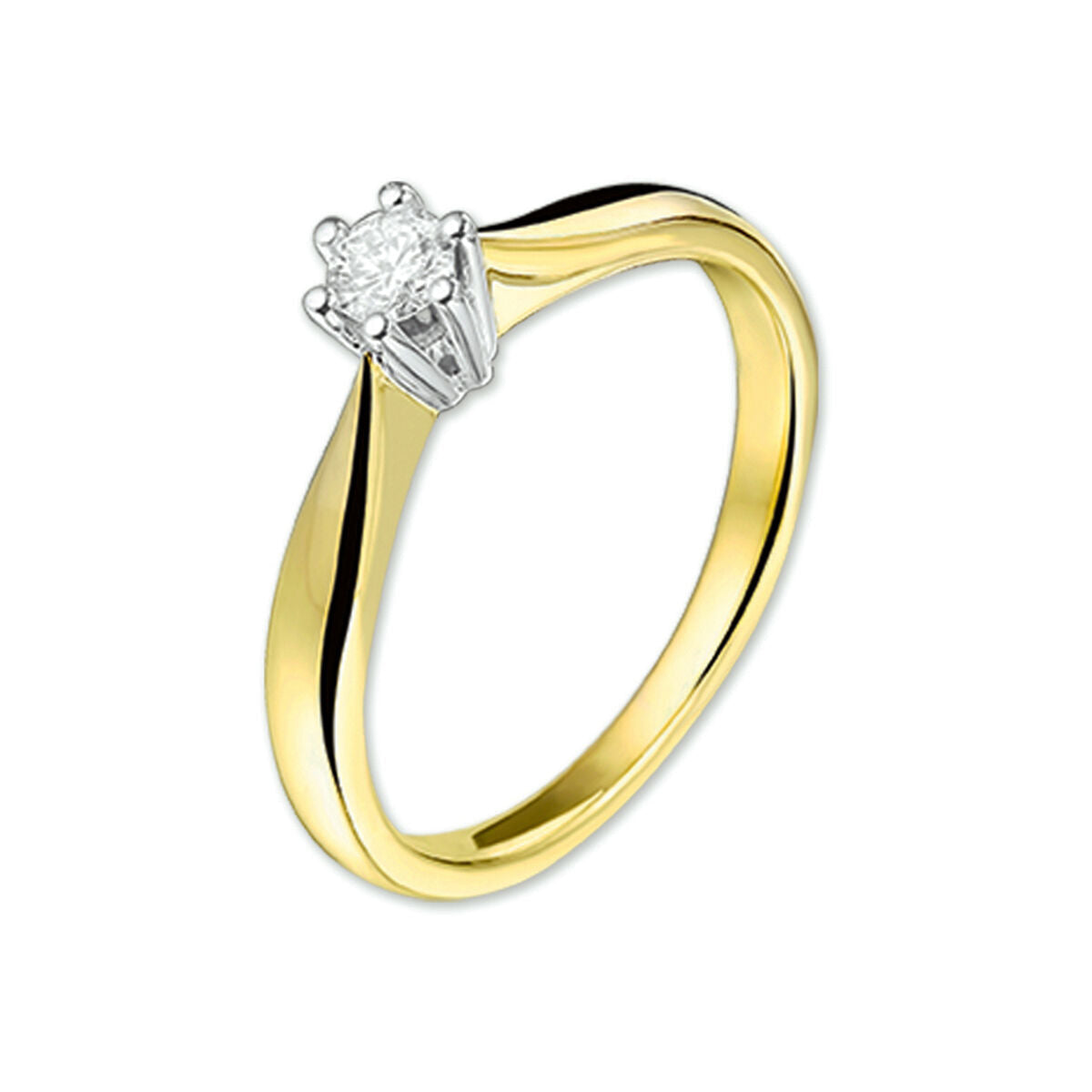 Bicolor gouden ring met een ronde diamant van 0.15ct, met een gele en witte gouden afwerking.