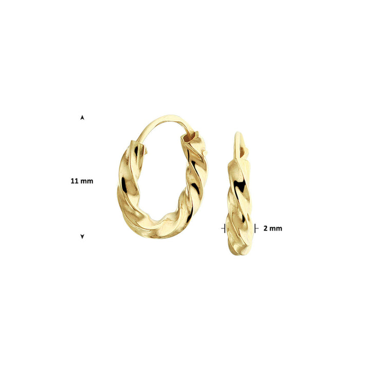 Oorringen gedraaide buis 14K geelgoud van Van der Kooij Collectie, 11 mm hoog en 2 mm breed, getoond van voren en opzij tegen een witte achtergrond met maataanduiding.
