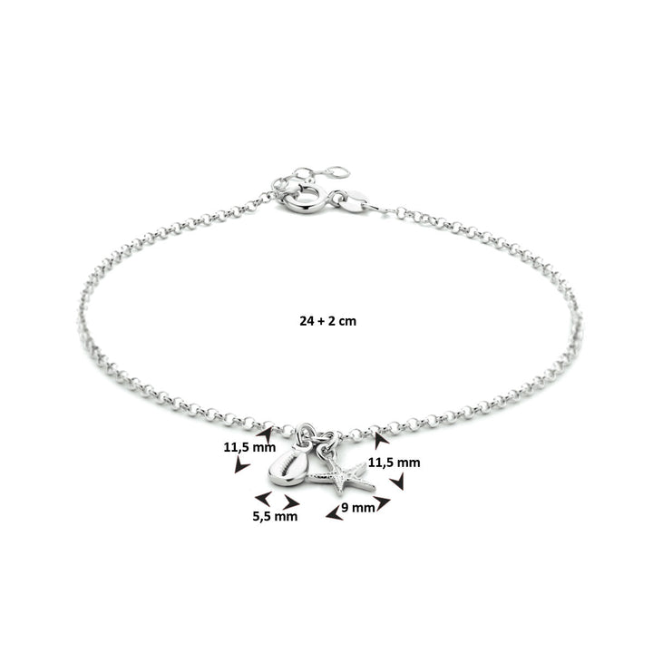 enkelbandje schelp en zeester 24 + 2 cm zilver gerhodineerd