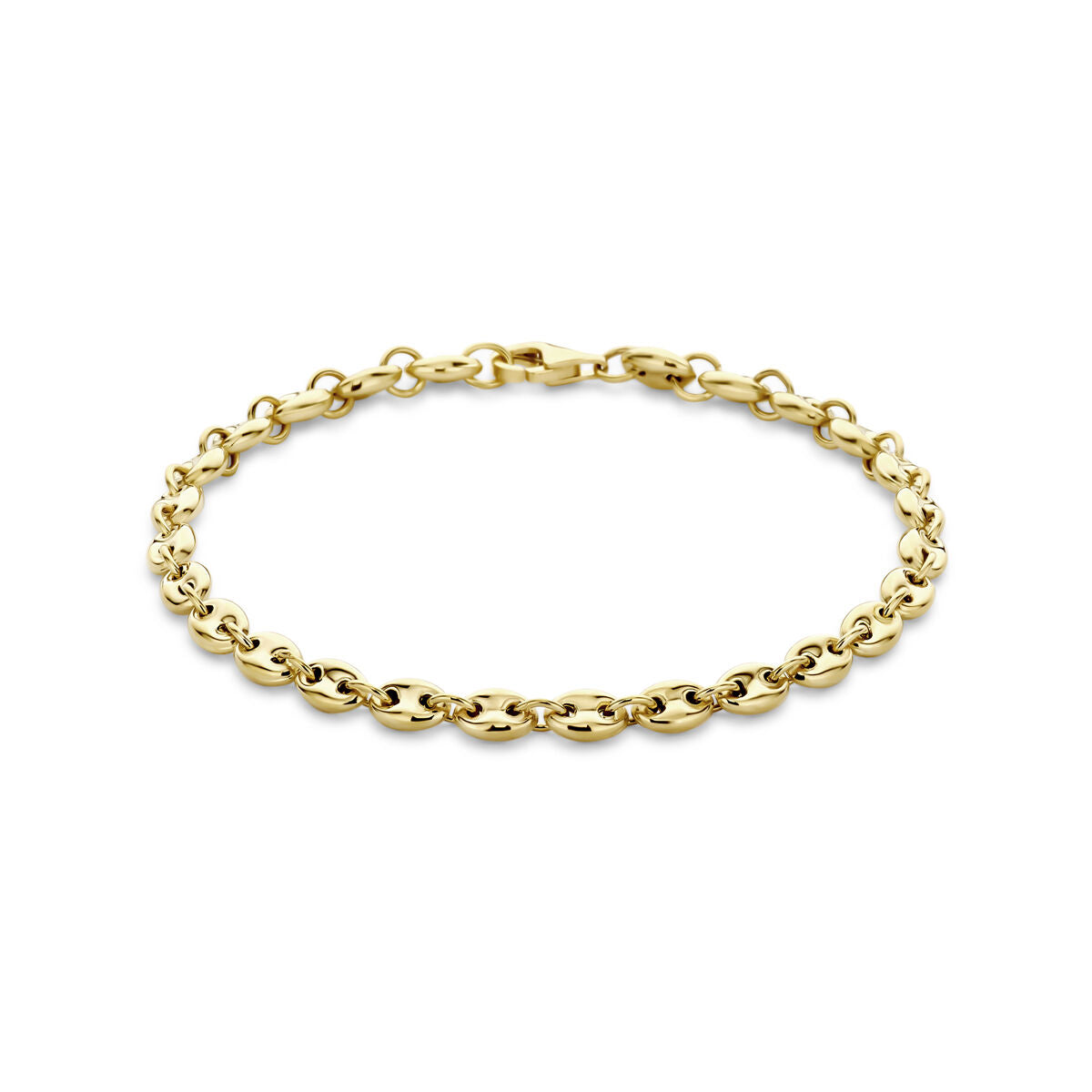 Bransoletka z 14K żółtego złota, o długości 18 cm, z ogniwami w kształcie ziaren kawy o średnicy 4,2 mm.