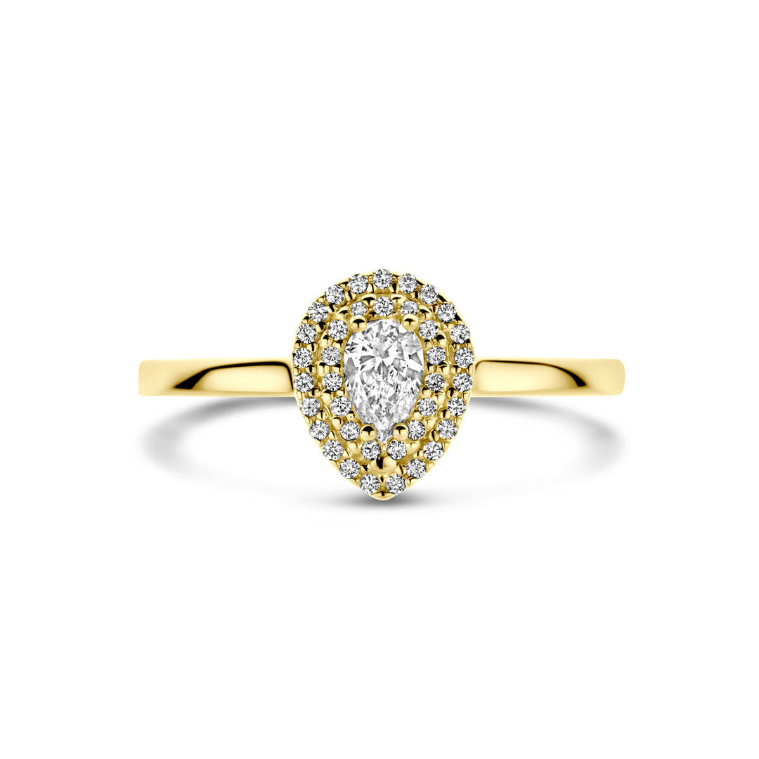 De Van der Kooij Collectie ring diamant 0.36ct h si 14K geelgoud heeft een peervormige centrale diamant met twee rijen ronde diamanten in een halo-zetting, wat een tijdloos elegante look creëert.