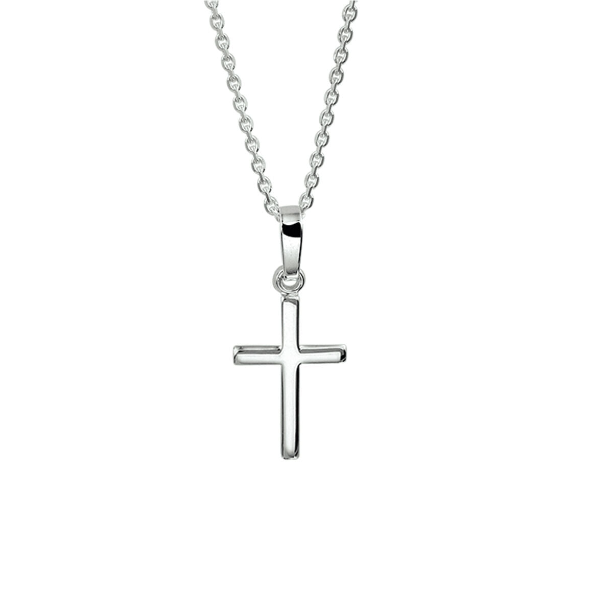 De collier kruis 41 + 4 cm zilver wit van Van der Kooij Collectie hangt aan een delicate zilveren ketting tegen een witte achtergrond en biedt een tijdloze unisex stijl.