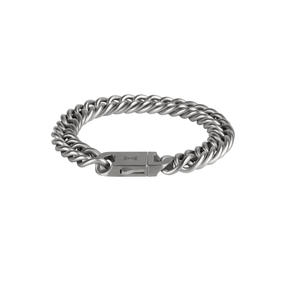Bransoleta inox z plecionką w stylu gourmette, srebrna, z zapięciem na klips.