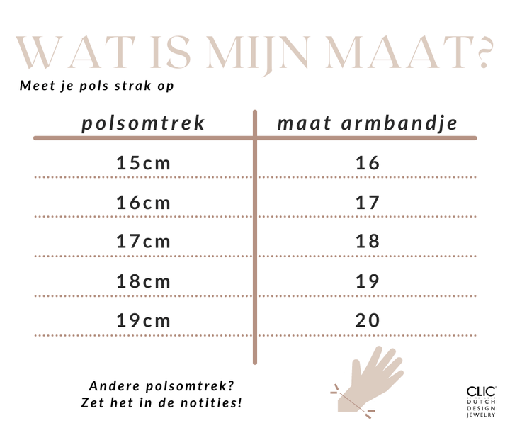 Een Wat is mijn maat?-tabel voor Clic creations A231G toont de polsomtrek in cm met armbandmaten: 15 cm - 16, 16 cm - 17, 17 cm - 18, 18 cm - 19 en 19 cm - 20. Een handpictogram met Nederlandse tekst adviseert om verschillende maten te noteren.