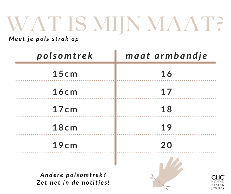 Een Wat is mijn maat? grafiek toont polsomtrekken (15-19 cm) en armbandmaten (16-20) voor de Armband kubusje Oranje A230O van CLIC Creations. Elke Nederlandse handgemaakte armband is voorzien van een bajonetsluiting. Meet uw pols strak op en vraag indien nodig naar andere maten.