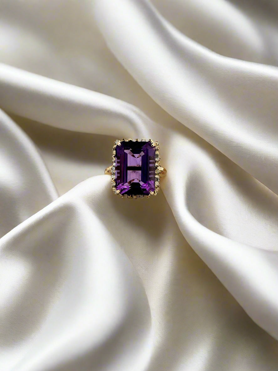vintage złoty pierścionek ametyst i diament 14k 10.7gr