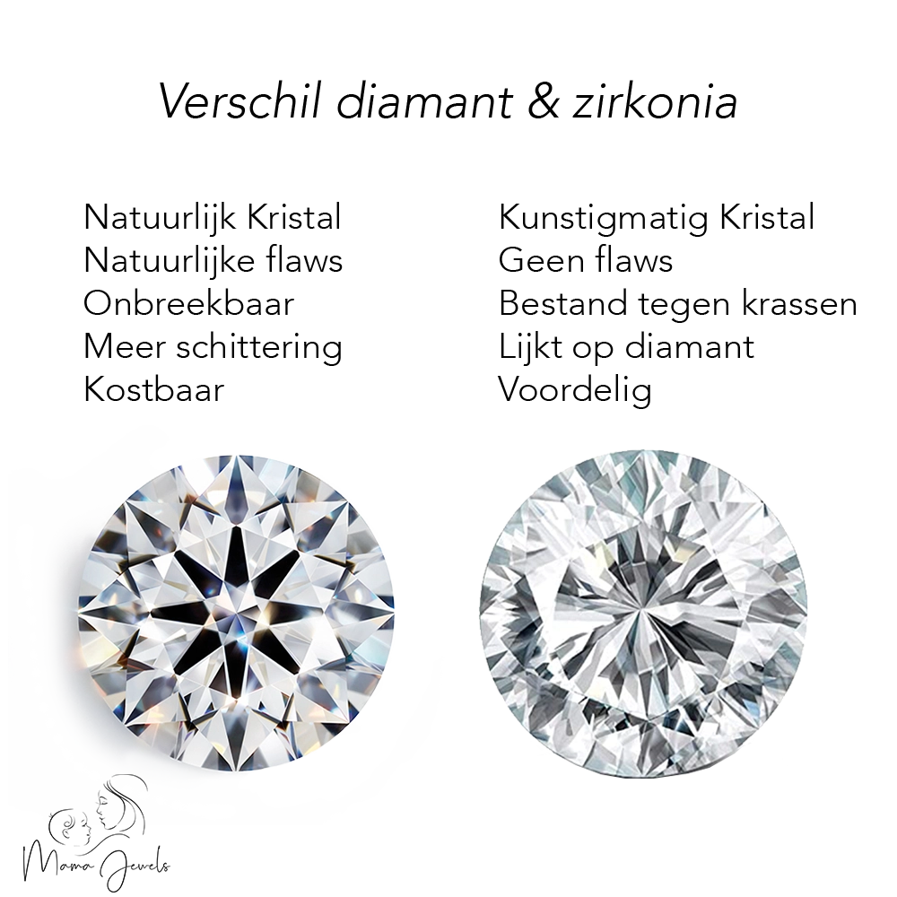 Vergelijkingstabel met de verschillen tussen de Demi | AsHanger massief | Zirkonia van Juwelier van der Kooij en een soortgelijk product, met afbeeldingen van beide sieraden gezet in 14 karaats goud onder hun respectievelijke kenmerken.