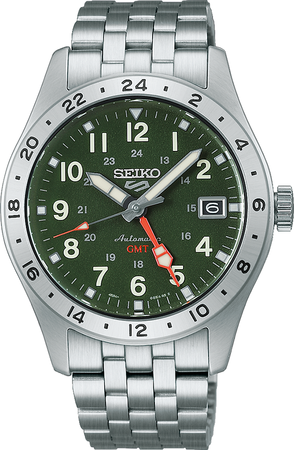 Zilveren horloge met groene wijzerplaat, GMT-functie en stalen schakelband.
