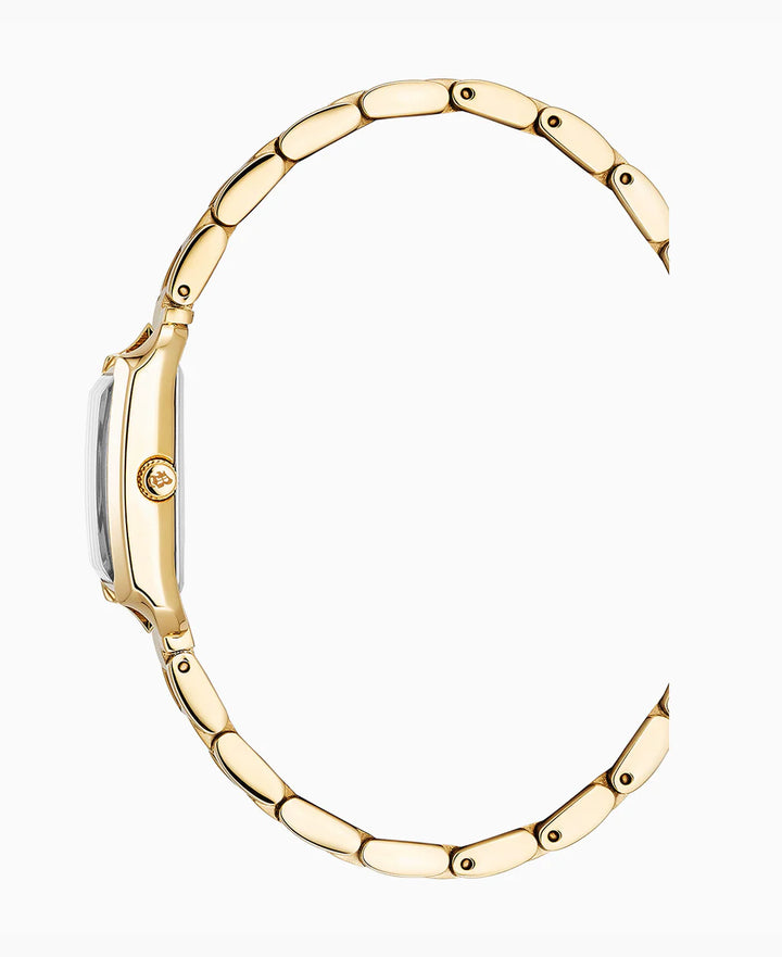 Zijaanzicht van het Jacques Du Manoir Emily gouden dameshorloge, met een slank profiel met zichtbare kroon en geschakelde armband, tegen een witte achtergrond.