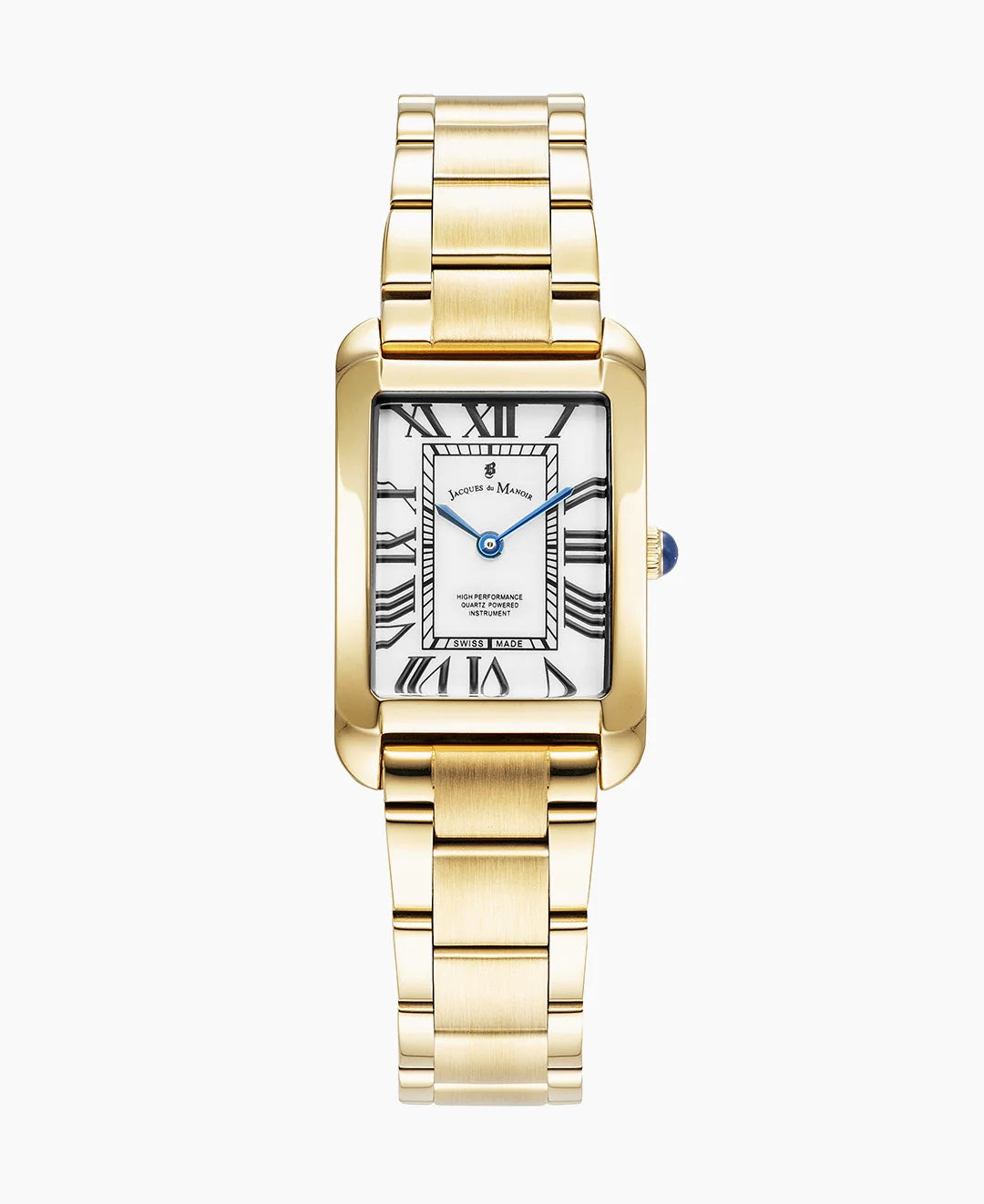 Gouden horloge met rechthoekige kast, witte wijzerplaat en Romeinse cijfers.