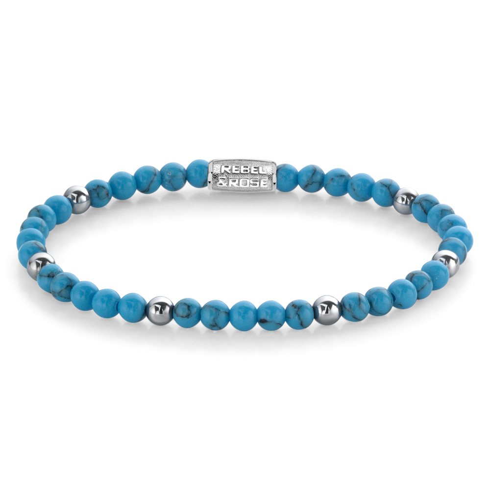 Turquoise kralenarmband voor dames met 4 mm turquoise en zilveren accentkralen.