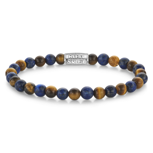 Bransoletka męska z koralikami o średnicy 6 mm, wykonana z lapis lazuli i tygrysiego oka.
