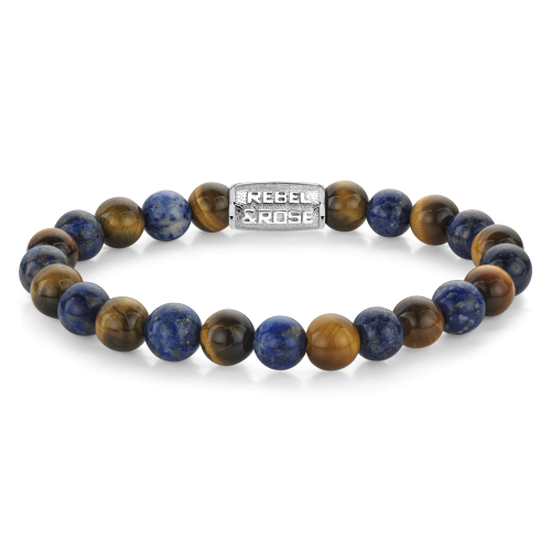 Bransoletka męska z koralikami o średnicy 8 mm, wykonana z lapis lazuli i tygrysiego oka, z metalowym elementem.