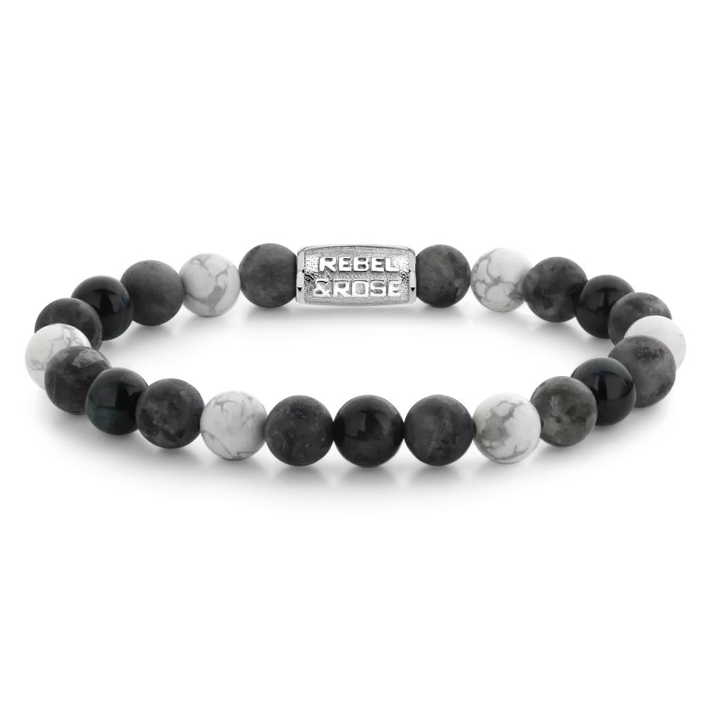 Heren kralenarmband van 8 mm met een mix van zwarte en grijze stenen en een metalen sluiting.