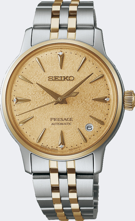 Złoty zegarek Seiko Presage z automatycznym mechanizmem, dwukolorowa bransoleta ze stali nierdzewnej.