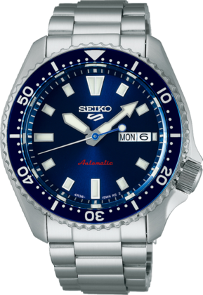 Zegarek Seiko 5 Sports z niebieską tarczą, stalową kopertą i bransoletą, automatyczny mechanizm.