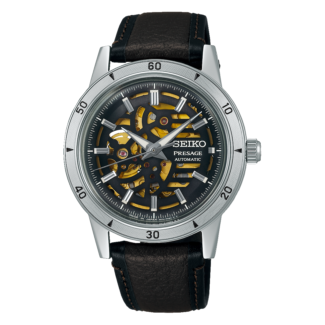 Zegarek Seiko Presage SSA461J1 z czarną tarczą, automatyczny mechanizm, skórzany pasek.