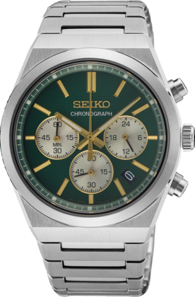 Zegarek męski Seiko z chronografem, stalowa koperta, zielona tarcza z złotymi wskazówkami i trzema subtarczami.