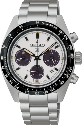 Zegarek Seiko Prospex SSC961P1 z okrągłą tarczą, stalowa koperta, srebrny pasek, czarne detale.