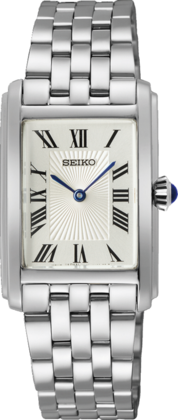 Srebrny zegarek damski Seiko z prostokątną tarczą i bransoletą z ogniw.