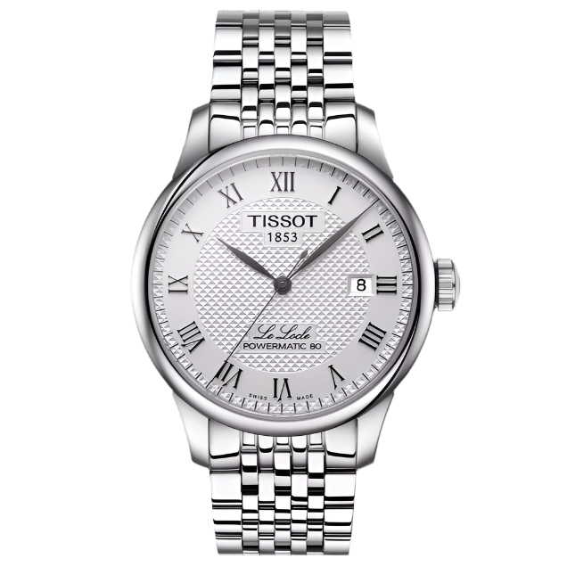 Zegarek Tissot Le Locle Powermatic 80 z okrągłą tarczą, srebrną kopertą i bransoletą ze stali nierdzewnej.