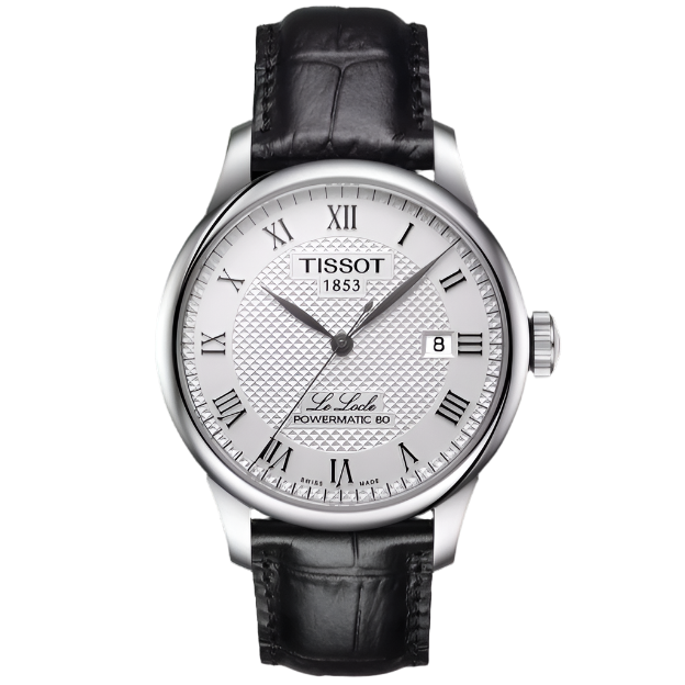 Zegarek Tissot Le Locle Powermatic 80 z białą tarczą, rzymskimi cyframi i czarnym skórzanym paskiem.