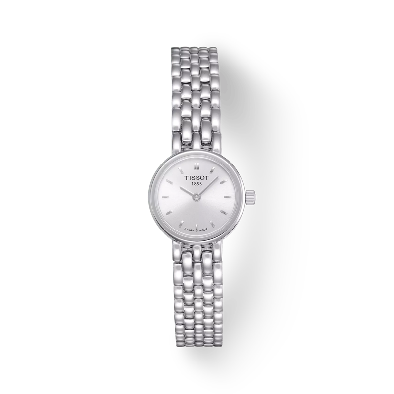 Srebrny zegarek Tissot Lovely z okrągłą tarczą i metalową bransoletą.