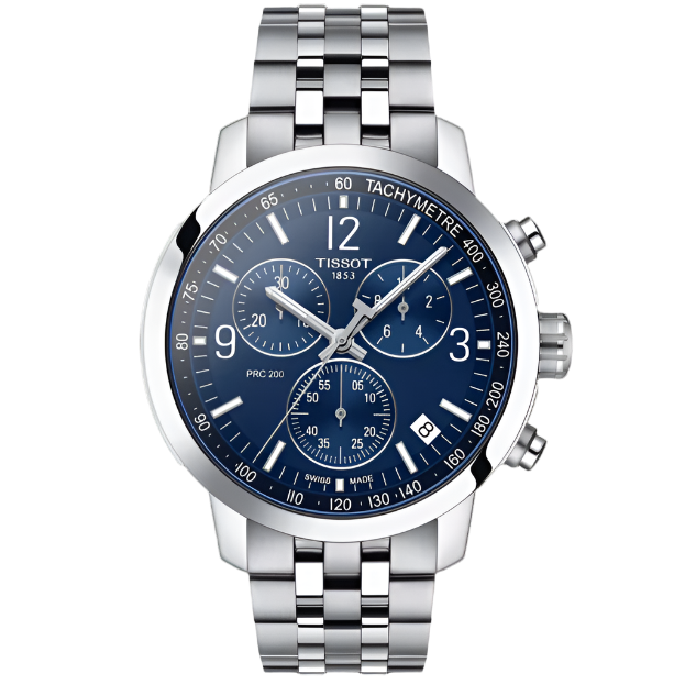 Srebrny zegarek Tissot PRC 200 z niebieską tarczą, stalową bransoletą i chronografem.