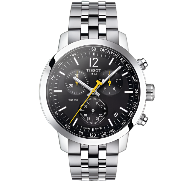 Zegarek Tissot PRC 200 z czarną tarczą, stalową kopertą i bransoletą, z chronografem i żółtymi detalami.