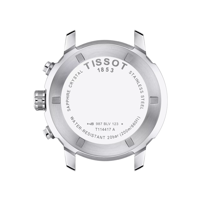 Op de achterkant van de Tissot PRC 200 Chronograph staan het merk Tissot, de modelnaam, details van het Zwitserse quartz-uurwerk, een waterdichtheid tot 20 bar (200m/660ft) en een gravure van saffierglas op de roestvrijstalen kast.