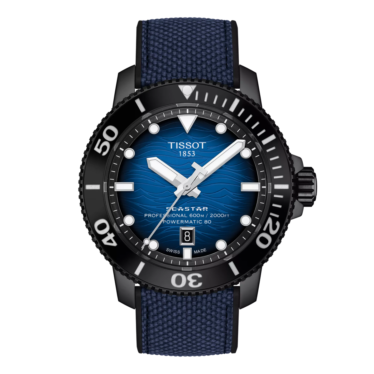 Zegarek Tissot Seastar 2000 Professional z niebieską tarczą, czarną kopertą i paskiem tekstylnym.