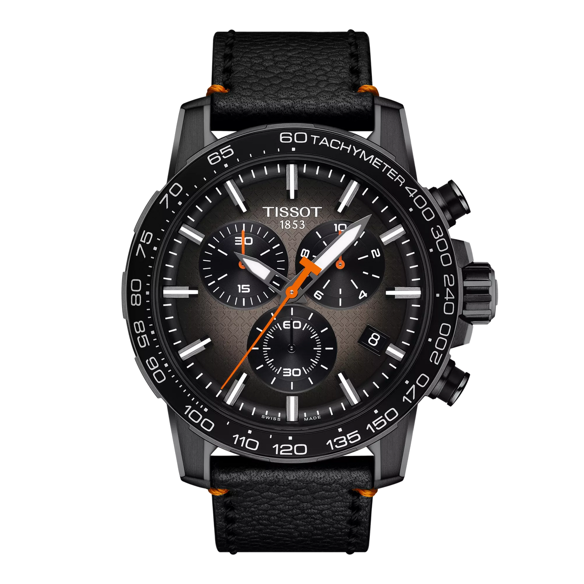 Czarny zegarek Tissot Supersport Chrono z pomarańczowymi akcentami, okrągła tarcza z trzema subtarczami.