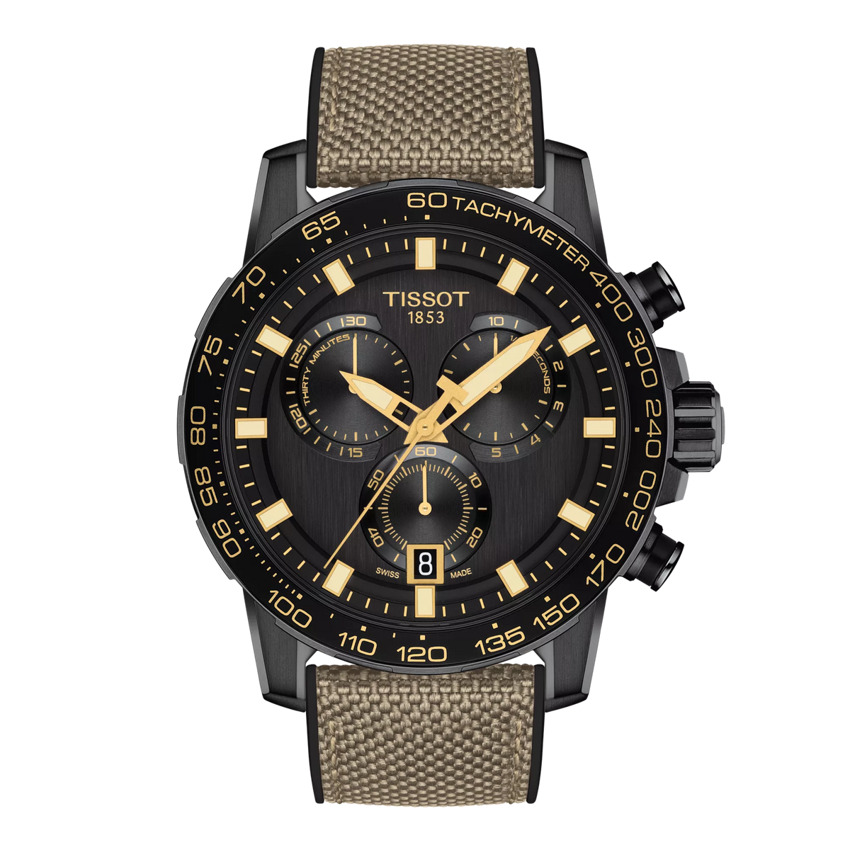 Zegarek Tissot Supersport Chrono z czarną tarczą, złotymi wskazówkami i brązowym paskiem tekstylnym.