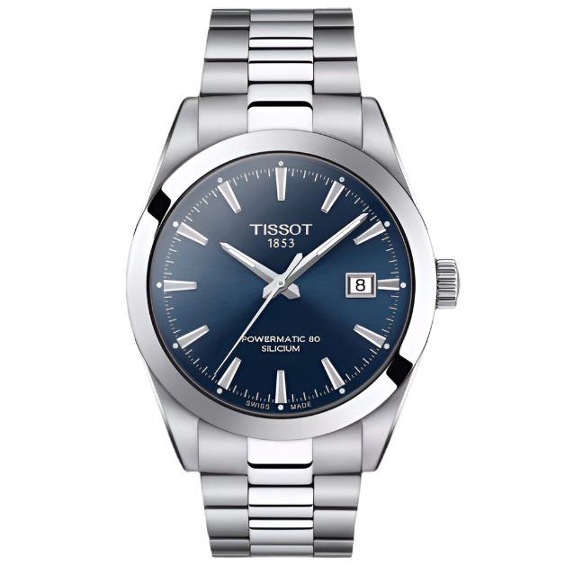 Zegarek Tissot Gentleman Powermatic 80 z niebieską tarczą i metalową bransoletą.