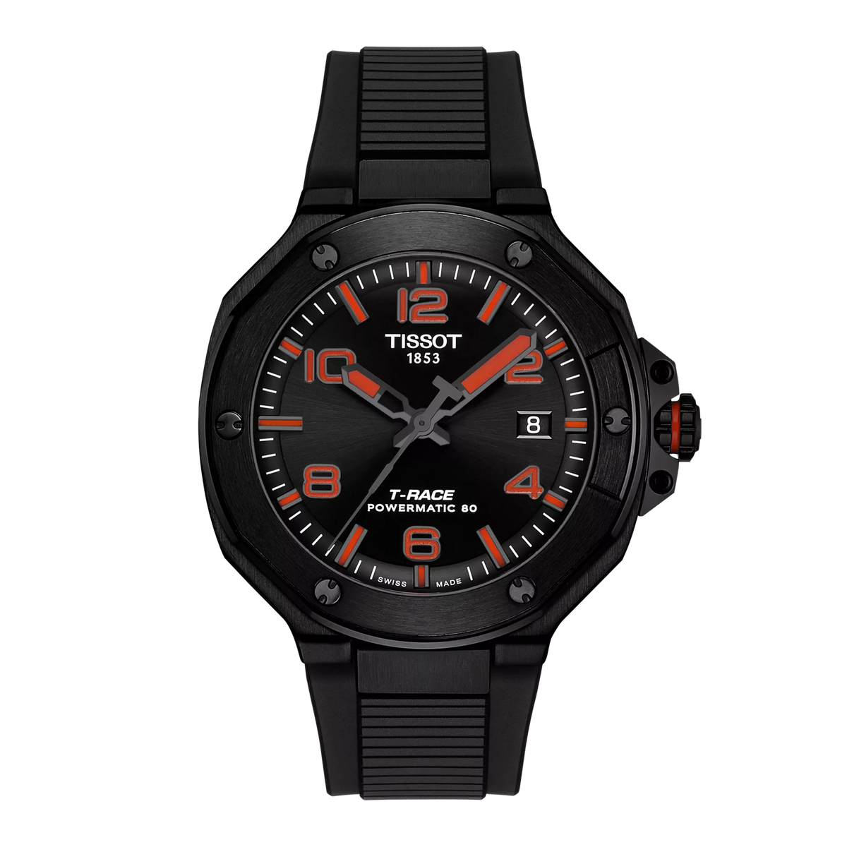 Czarny zegarek Tissot T-Race Powermatic 80 z gumowym paskiem, okrągłą kopertą i pomarańczowymi detalami.