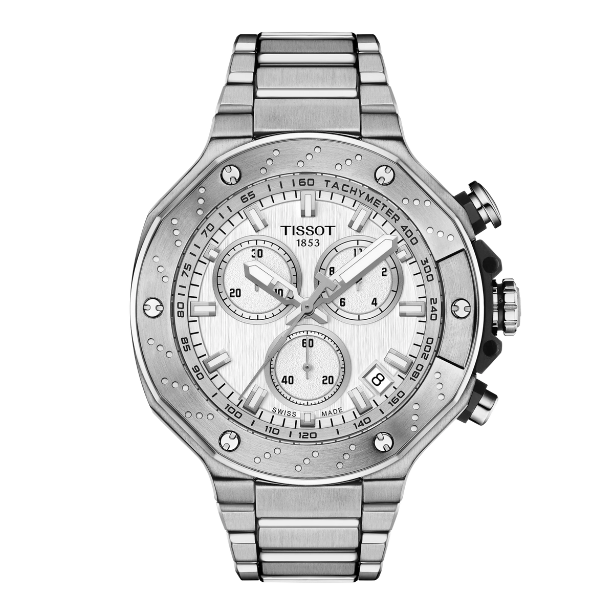 Srebrny zegarek Tissot T-Race Chronograph z metalową bransoletą i okrągłą tarczą z chronografem.