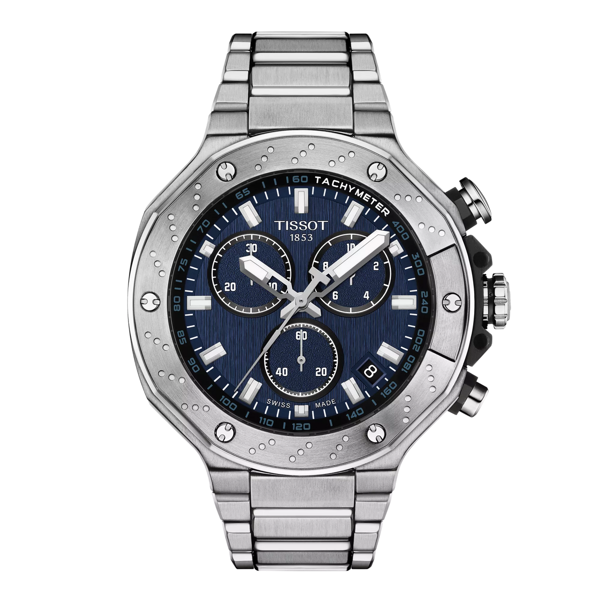 Srebrny zegarek Tissot T-Race Chronograph z niebieską tarczą i metalową bransoletą.