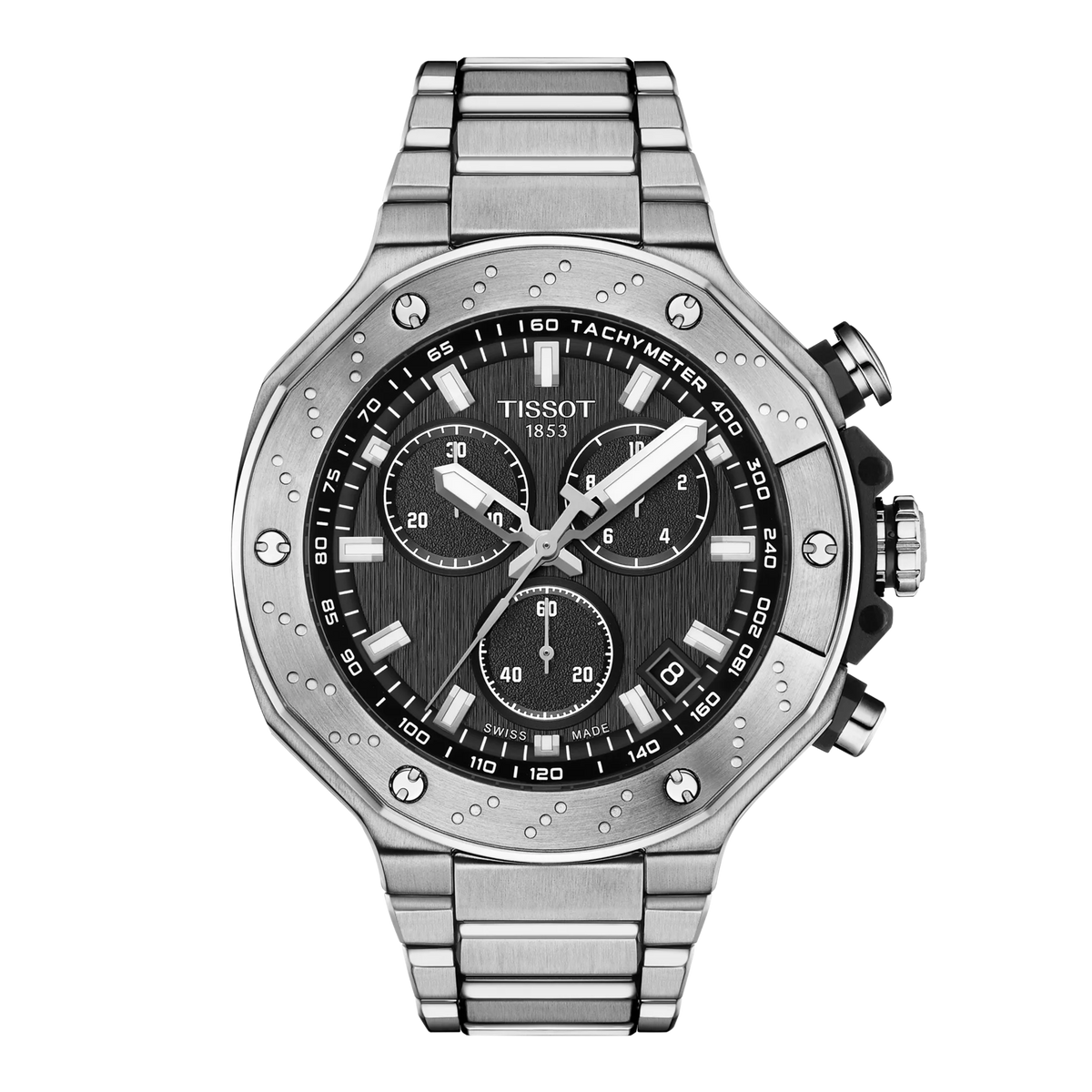 Zegarek Tissot T-Race Chronograph z metalową bransoletą, czarną tarczą i srebrną kopertą.