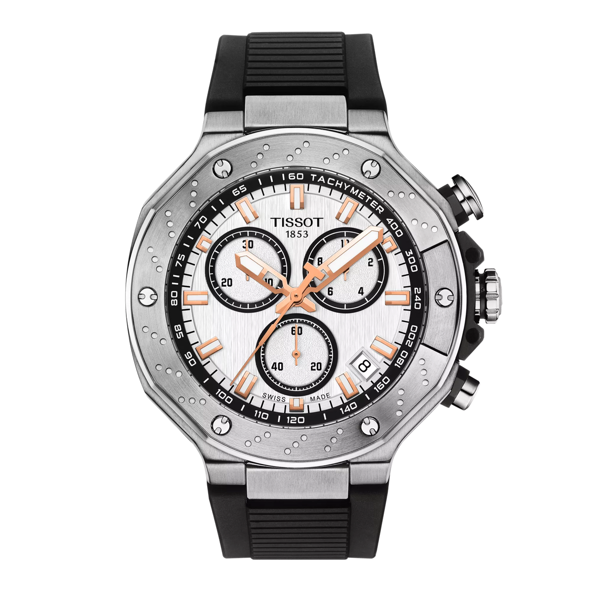 Zegarek Tissot T-Race Chronograph z metalową kopertą, białą tarczą i czarnym paskiem.
