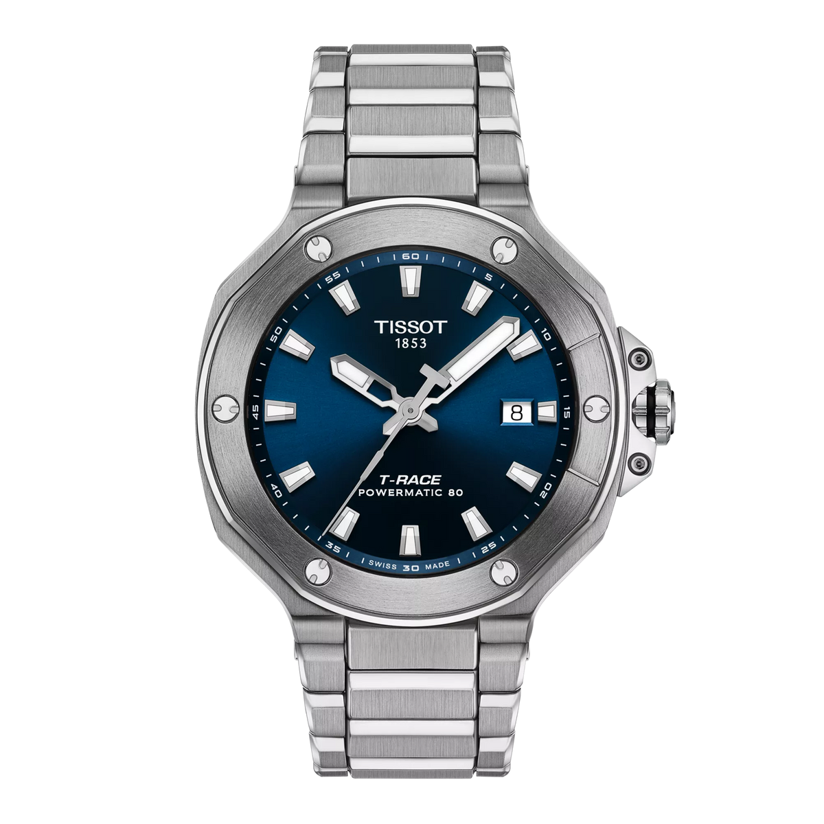 Zegarek Tissot T-Race Powermatic 80 z niebieską tarczą i stalową bransoletą.