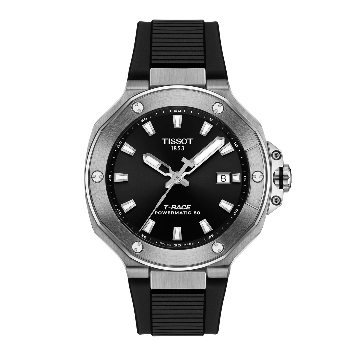 Zegarek Tissot T-Race Powermatic 80 z czarną tarczą, stalową kopertą i czarnym paskiem.