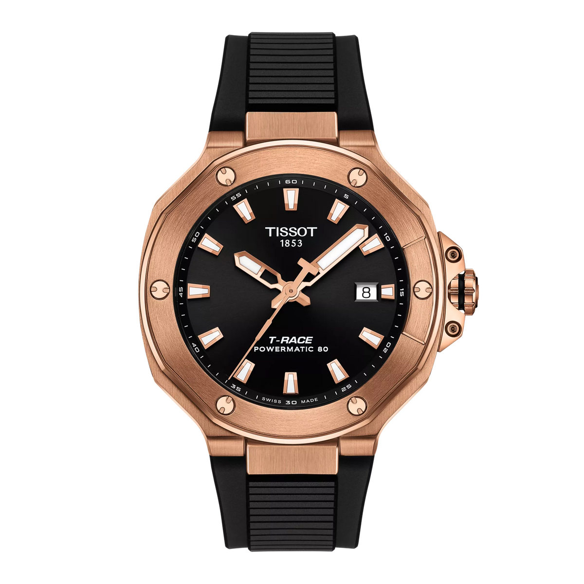 Zegarek Tissot T-Race Powermatic 80 z czarną tarczą, różowo-złotą kopertą i czarnym paskiem.