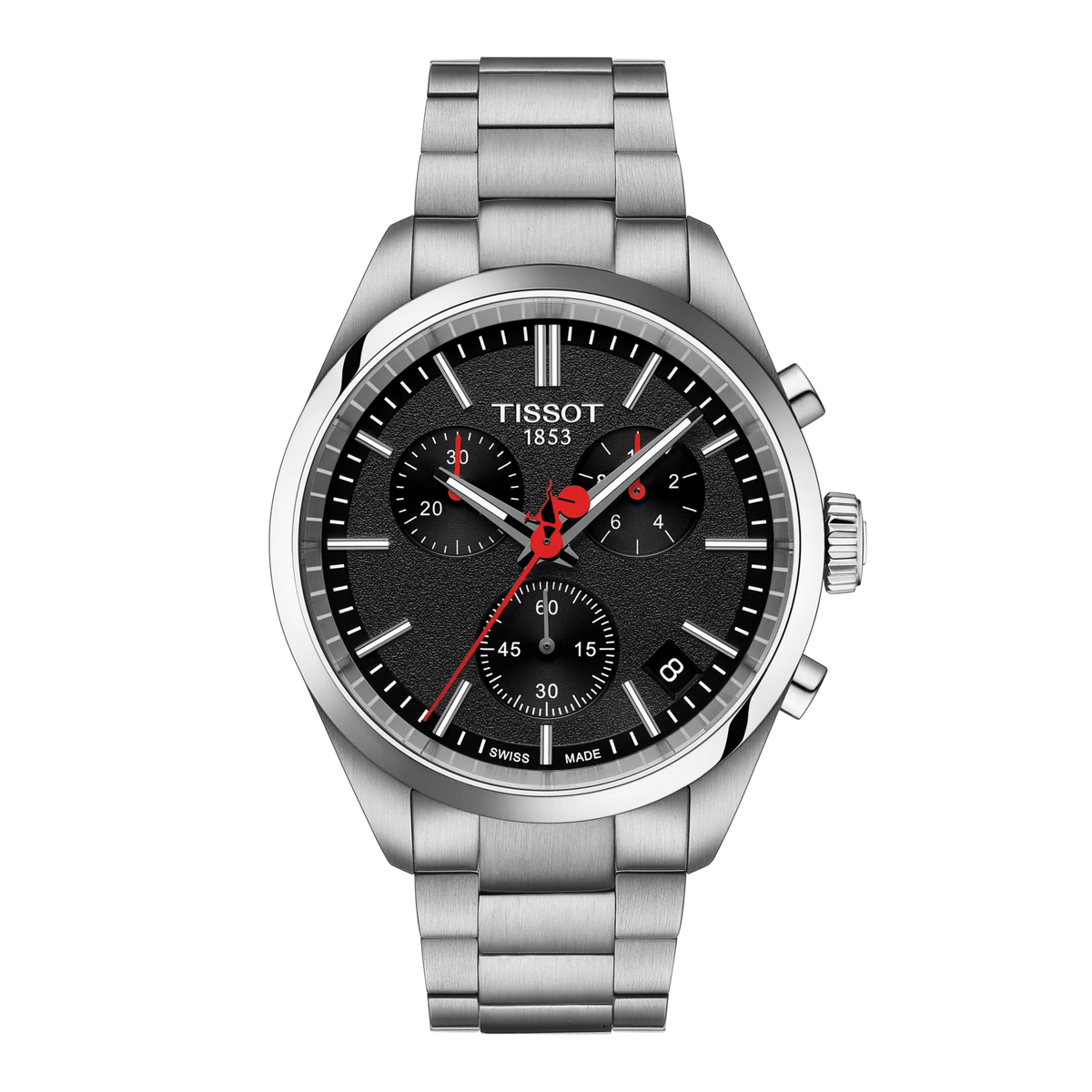 Zegarek Tissot PR 100 Vuelta z czarną tarczą, stalową kopertą i bransoletą, z czerwonymi detalami.