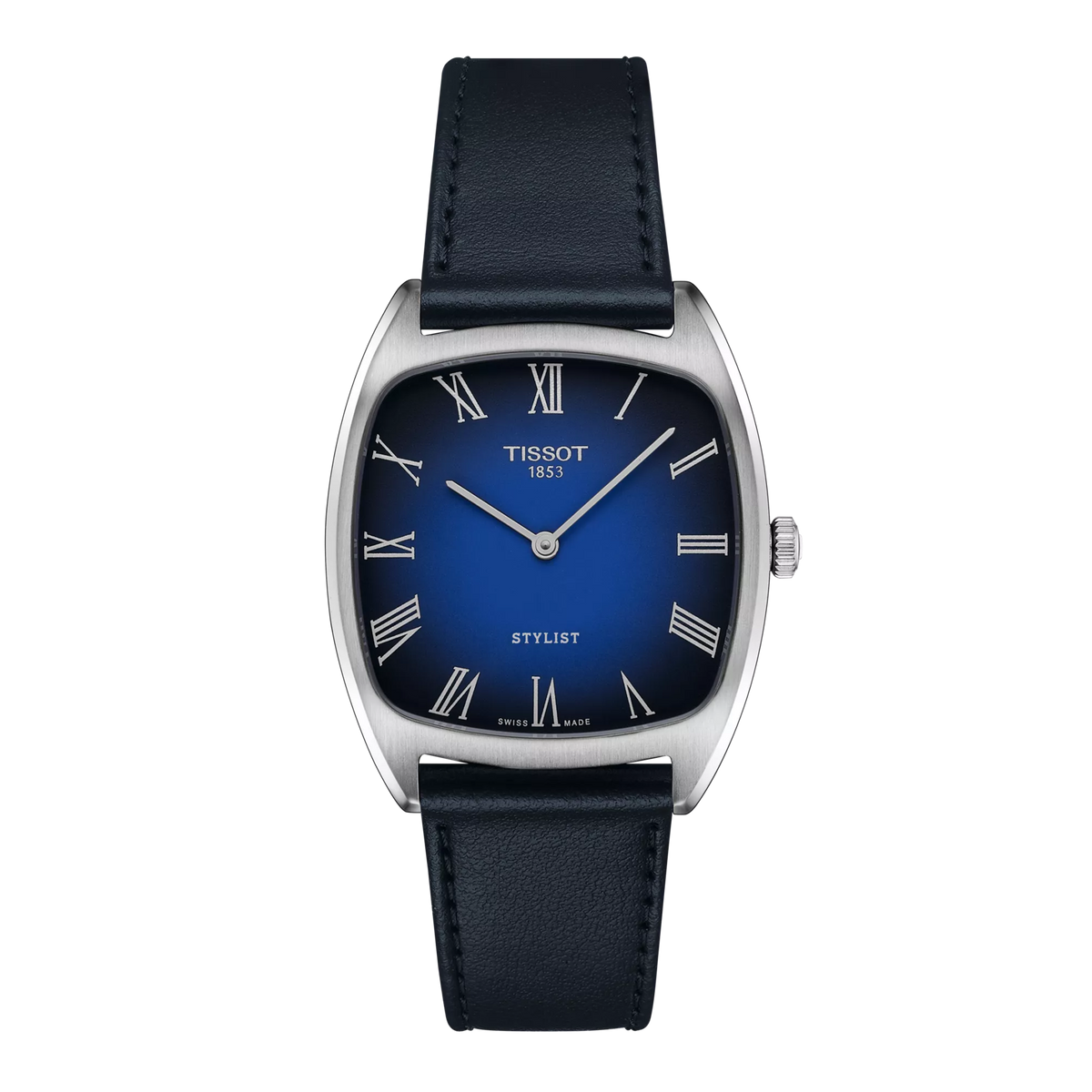 Zegarek Tissot Stylist z niebieską tarczą, prostokątną kopertą i skórzanym paskiem.